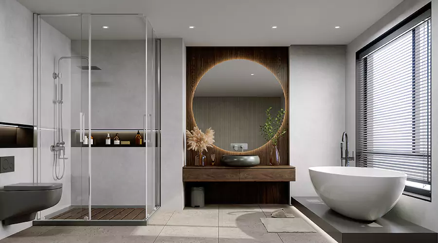 Contemporary Bathroom With Round Mirror, Glass Shower, and Freestanding Tub.